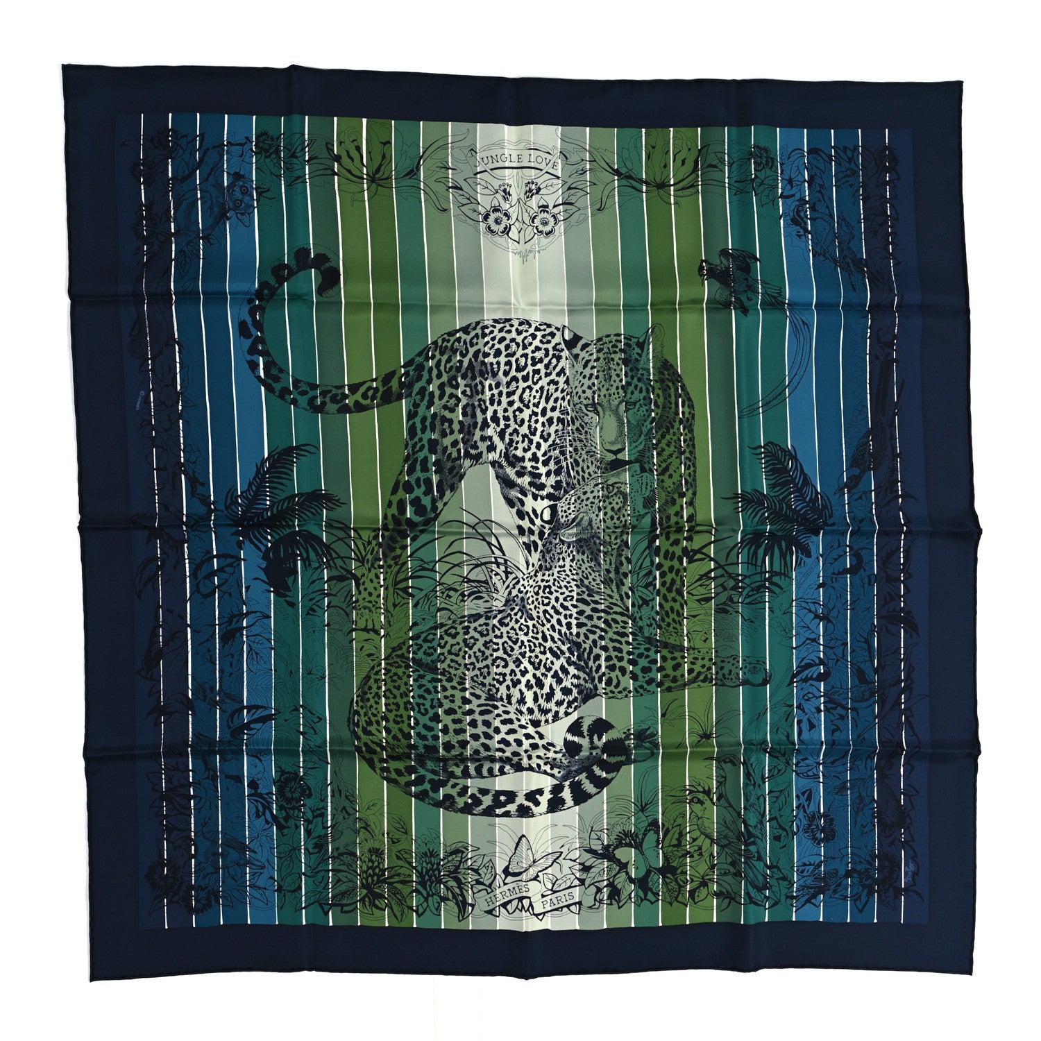 Hermes Silk Carre Jungle Love Rainbow Scarf 90 Marine Vert Petrole 1 of 5