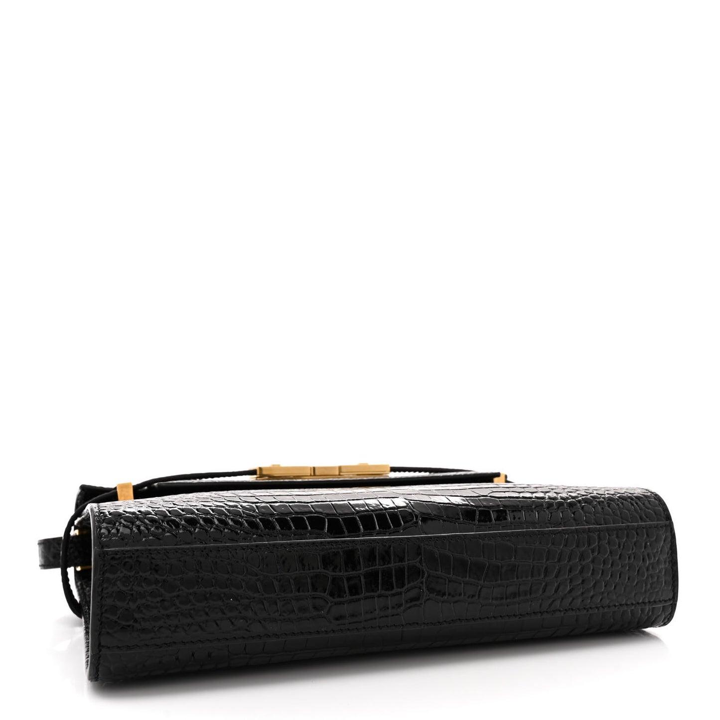 Shiny Calfskin Crocodile Embossed Small Manhattan Baguette Black