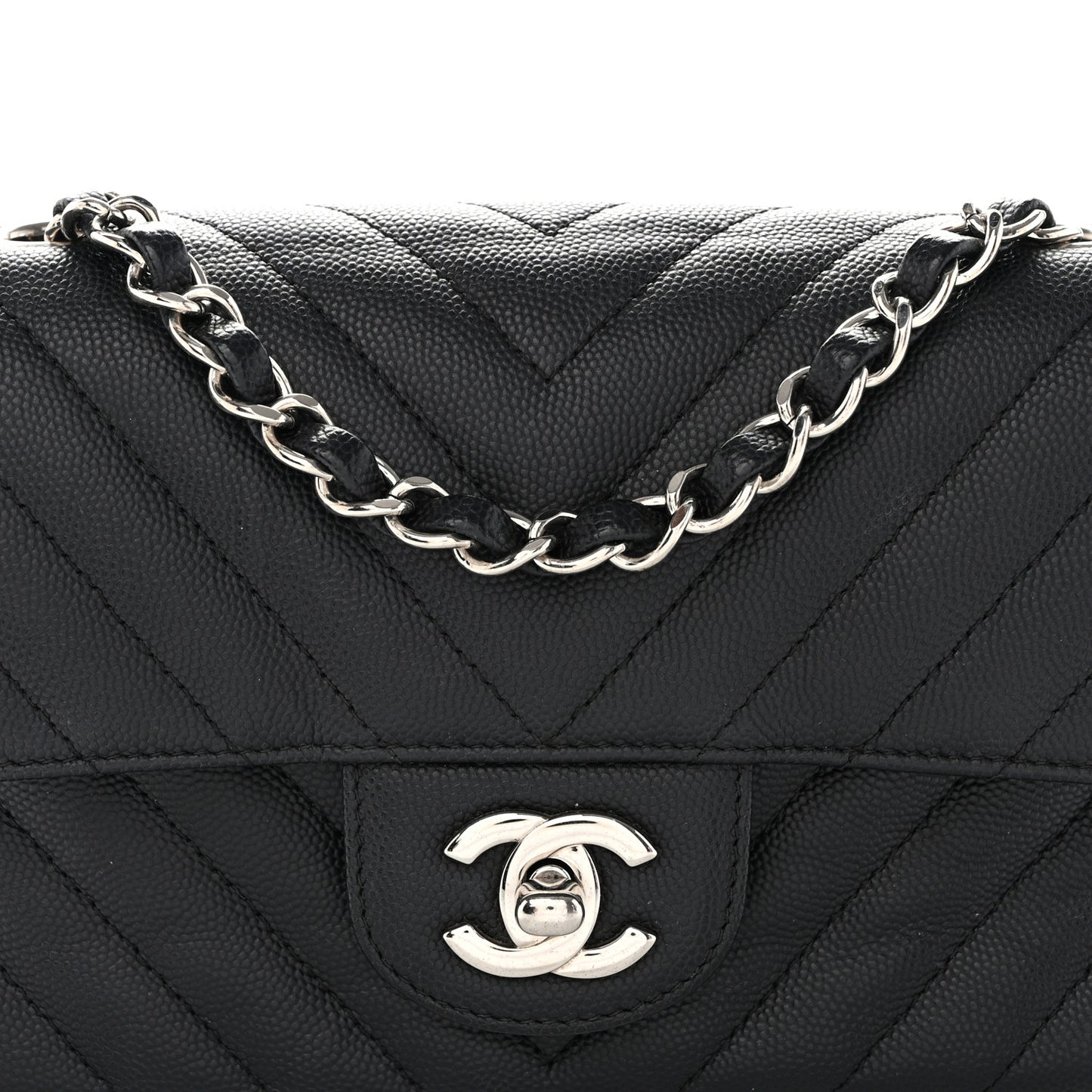 Caviar Chevron Quilted Mini Rectangular Flap Black