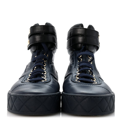 Chanel Lambskin Logo High Top Sneakers 36 Navy Black 3 of 11