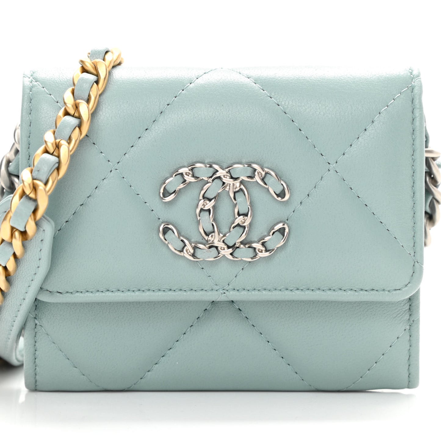 Lambskin Quilted Chanel 19 Flap Coin Purse With Chain Light Blue