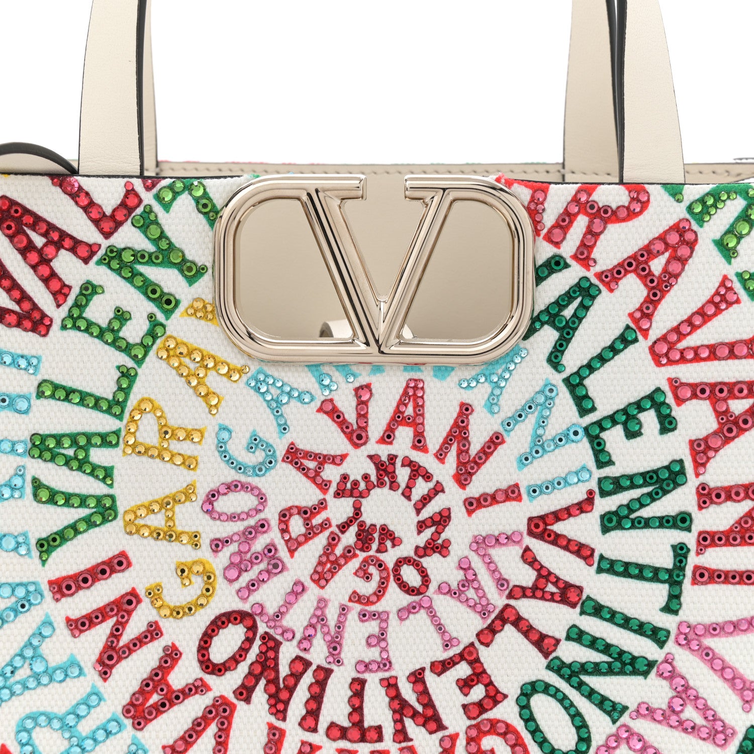 Valentino Garavani Canvas Calfskin Crystal Small Escape Loop Vlogo Signature Tote White Multicolor 7 of 10