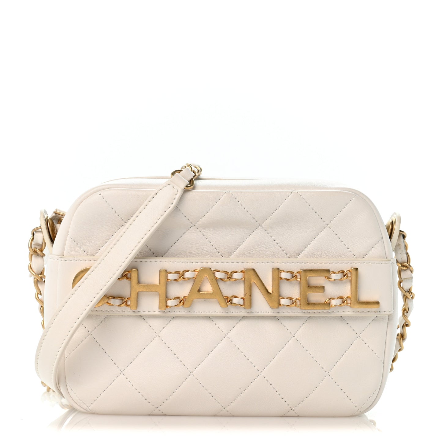 Calfskin Quilted Enchained Camera Case Bag White