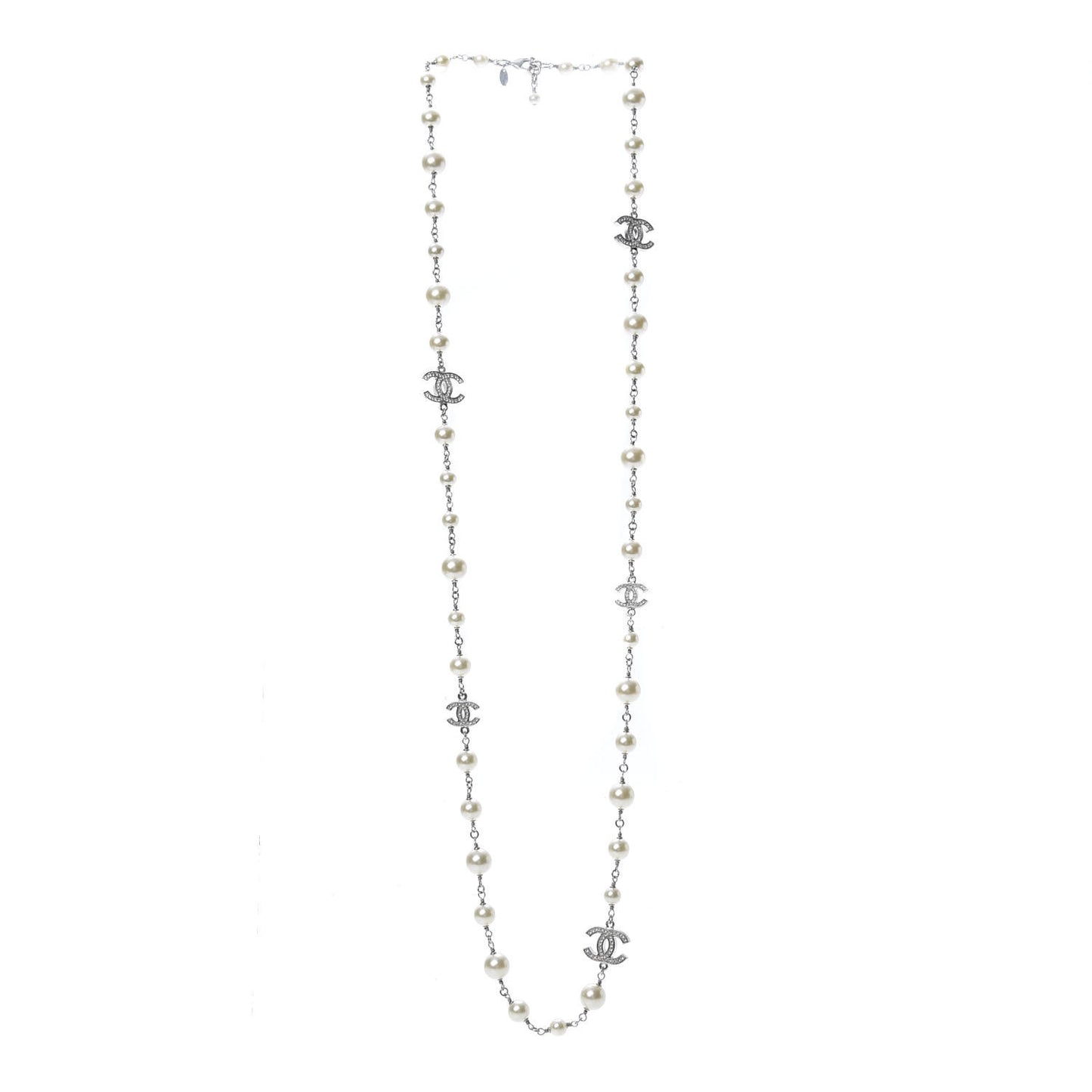 Crystal Pearl CC Long Necklace Silver