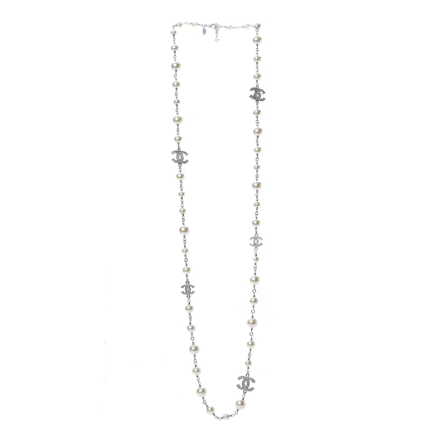Chanel Crystal Pearl CC Long Necklace Silver 3 of 5