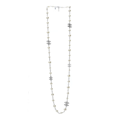 Chanel Crystal Pearl CC Long Necklace Silver 3 of 5