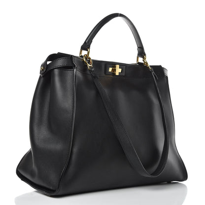 Fendi Vitello Seta Shiny Nappa Large Peekaboo Iconic Satchel Black 3 of 15