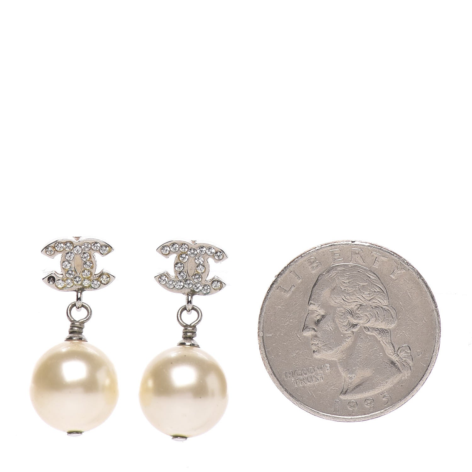 Chanel Crystal Pearl CC Drop Earrings Silver 2 of 6