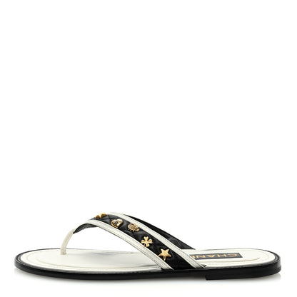 Chanel Lambskin Charms Thong Sandals 37 Black White 1 of 7