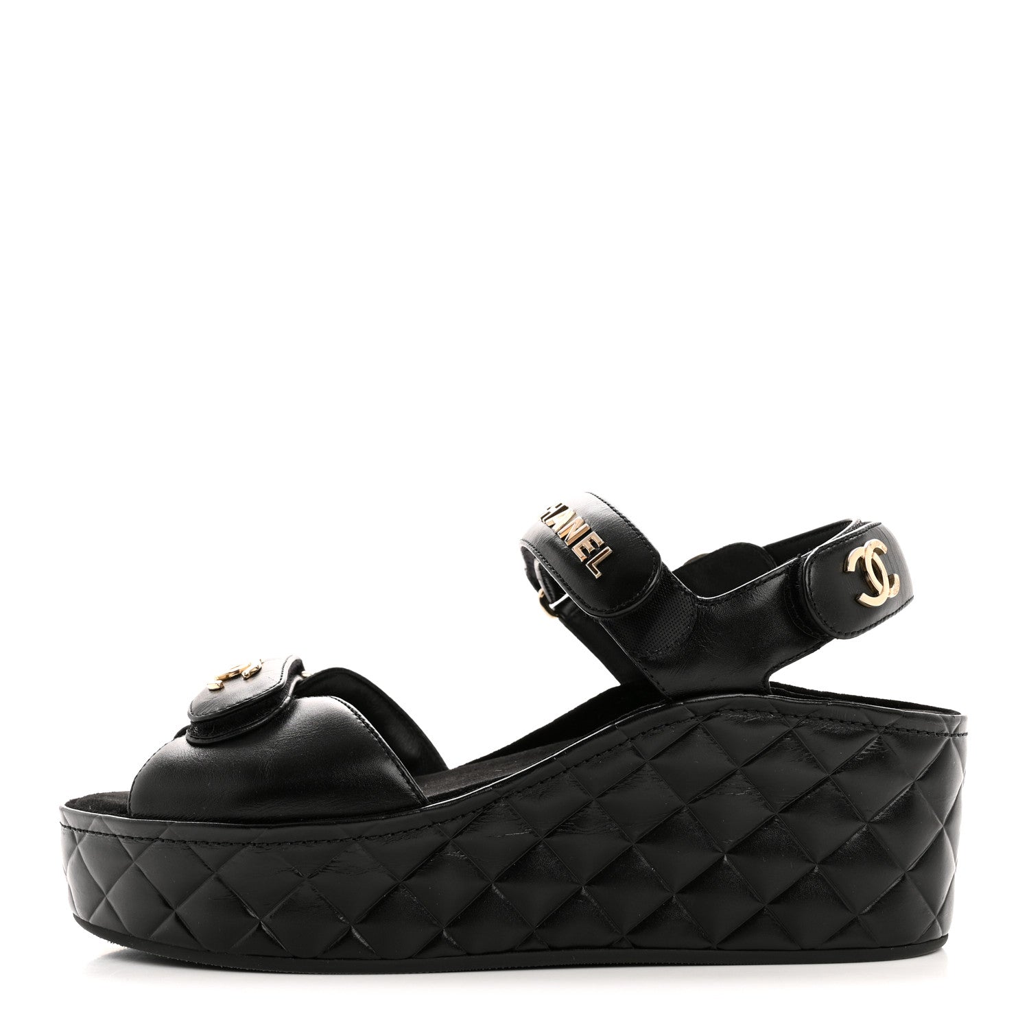 Chanel Shiny Calfskin Logo Platform Sandals 39 Black 1 of 10