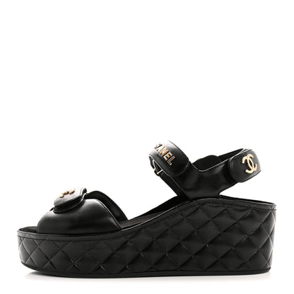 Chanel Shiny Calfskin Logo Platform Sandals 39 Black 1 of 10