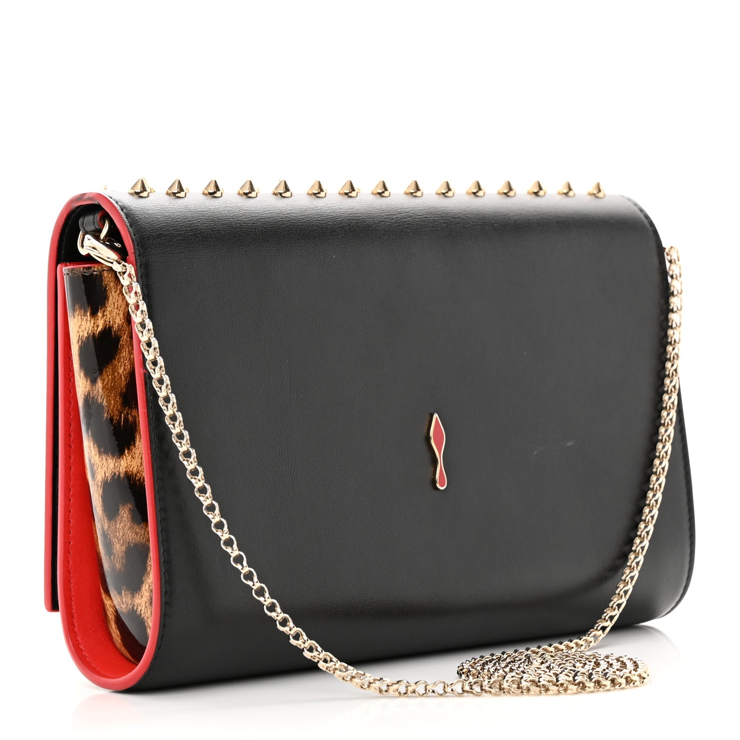 Calfskin Patent Leopard Spikes Paloma Clutch Black