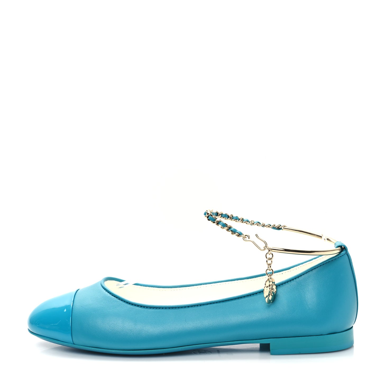 Lambskin Patent Calfskin Cap Toe Ankle Chain Ballerina Flats 38 Turquoise