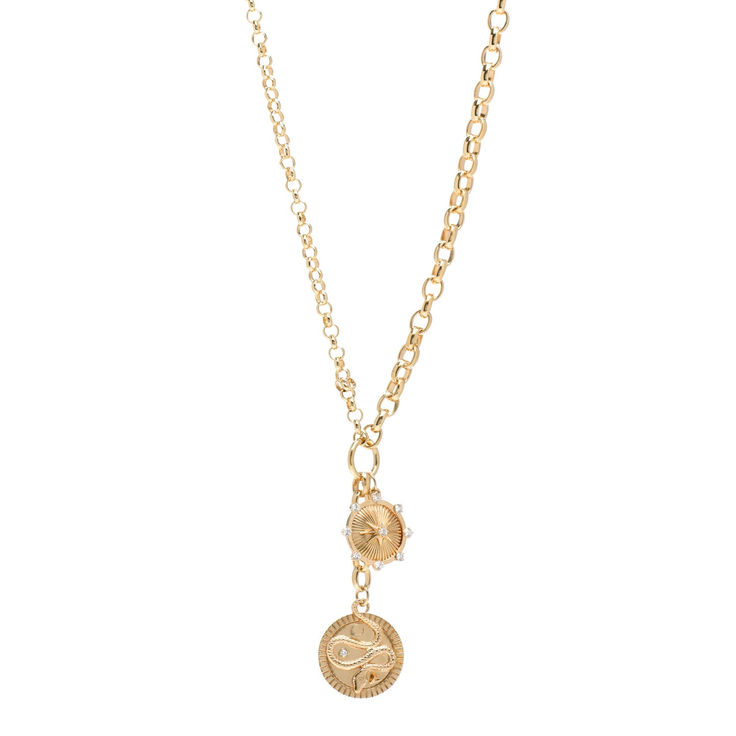18K Yellow Gold Diamond Medium Wholeness Mixed Belcher Chain Charm Necklace