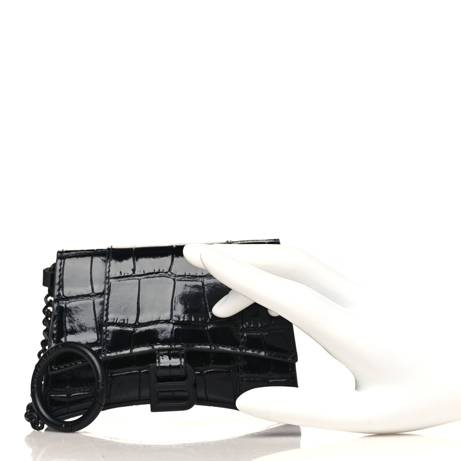 Balenciaga Shiny Calfskin Monochrome Crocodile Embossed Hourglass Chain Cardholder Black 2 of 10