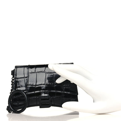 Balenciaga Shiny Calfskin Monochrome Crocodile Embossed Hourglass Chain Cardholder Black 2 of 10