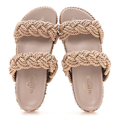 Valentino Garavani Calfskin Silk Woven Rockstud Torchon 5mm Sandals 38 Poudre 2 of 9