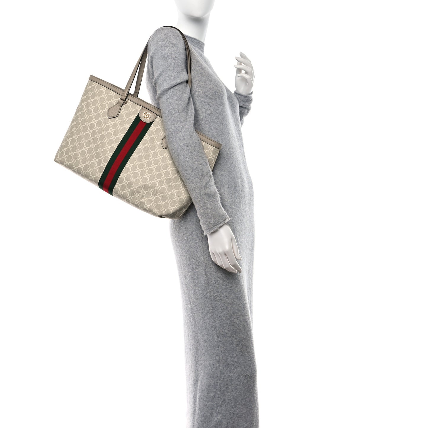 GG Supreme Monogram Textured Dollar Calfskin Web Medium Ophidia Shopping Tote Beige Mystic White Oatmeal