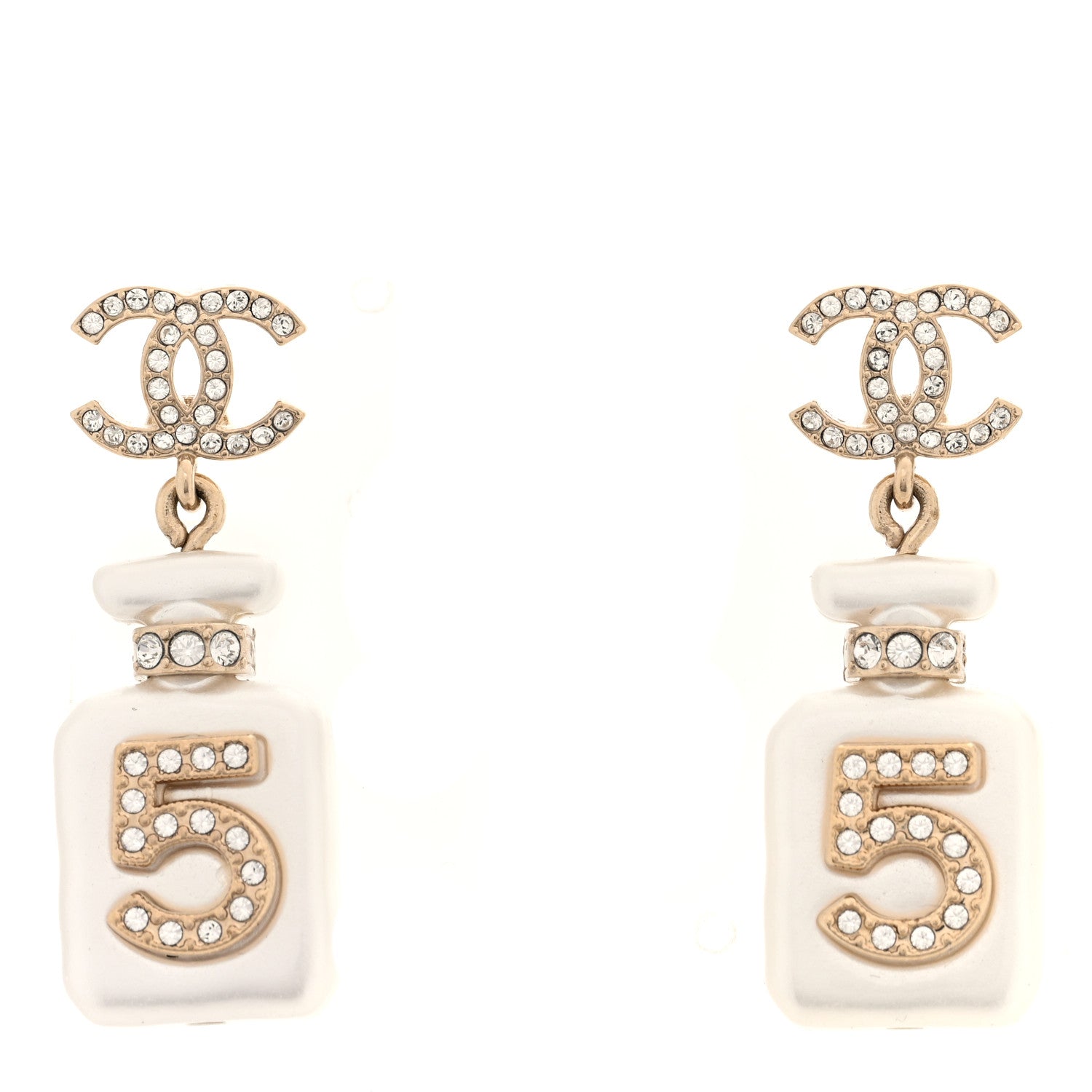 Chanel Pearl Resin Crystal CC No 5 Perfume Bottle Drop Earrings Gold Pearly White 1 of 4