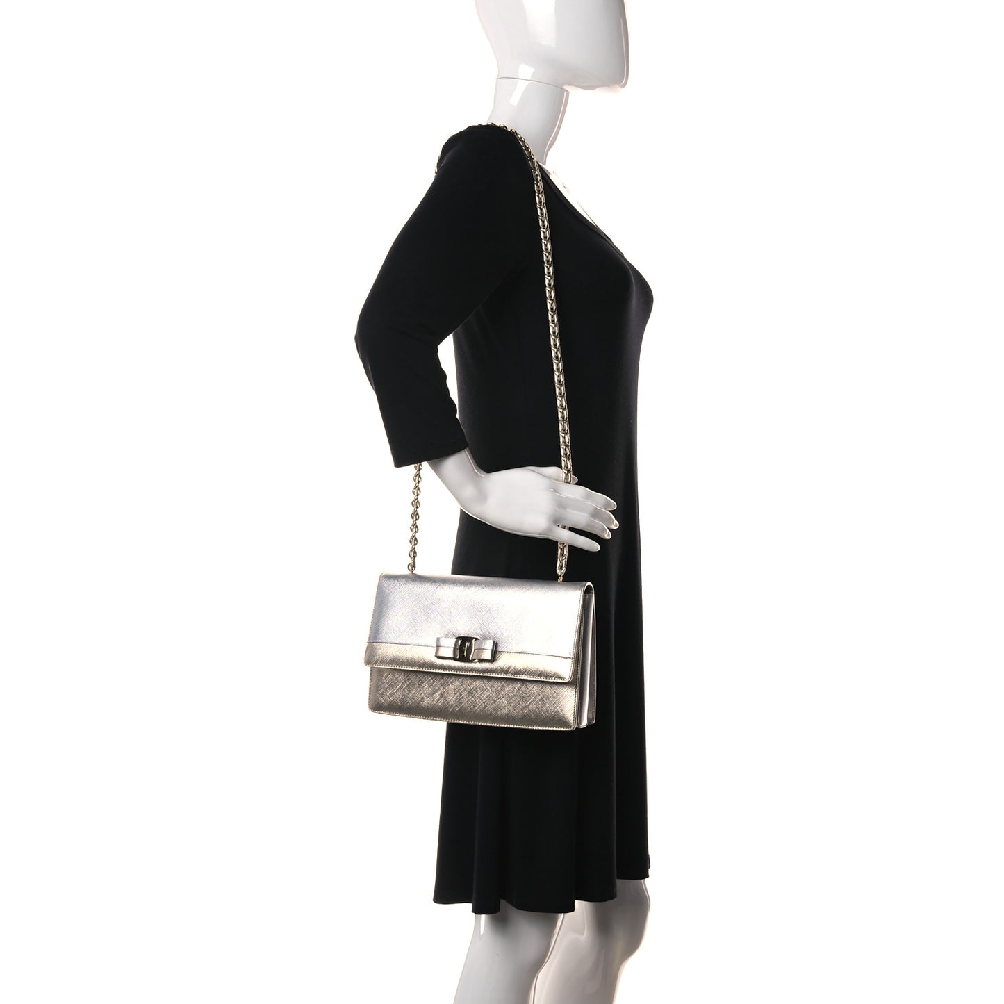 Metallic Hammered Calfskin Vara Bow Chain Flap Crossbody Silver Gold
