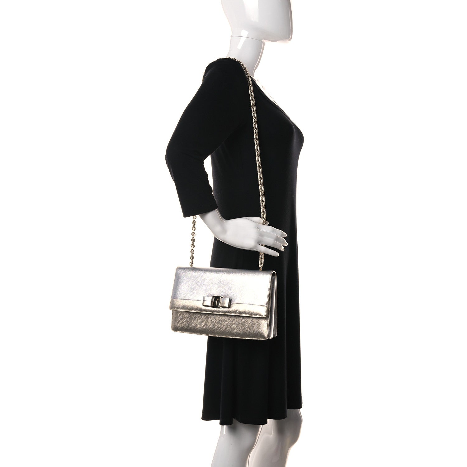 Salvatore Ferragamo Metallic Hammered Calfskin Vara Bow Chain Flap Crossbody Silver Gold 3 of 23