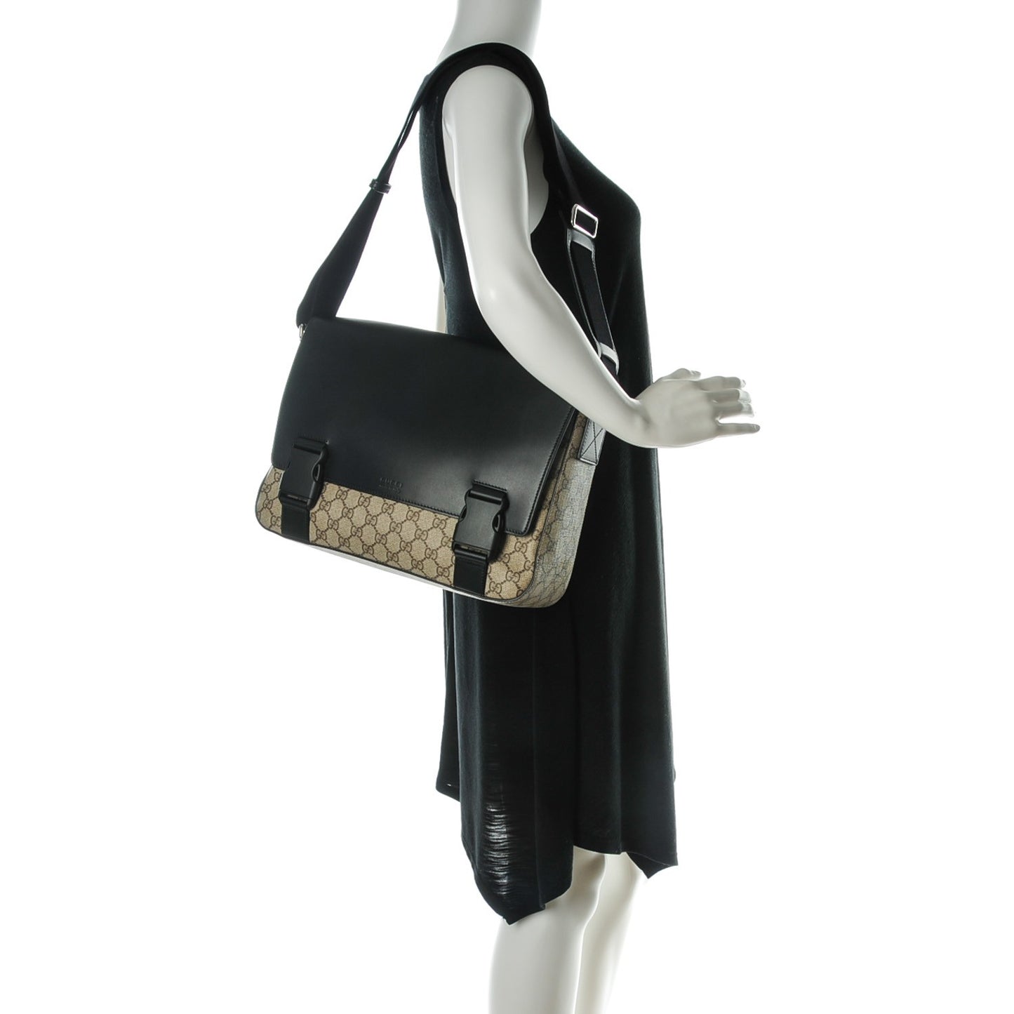GG Supreme Monogram Calfskin Medium Double Buckle Flap Messenger Beige Black