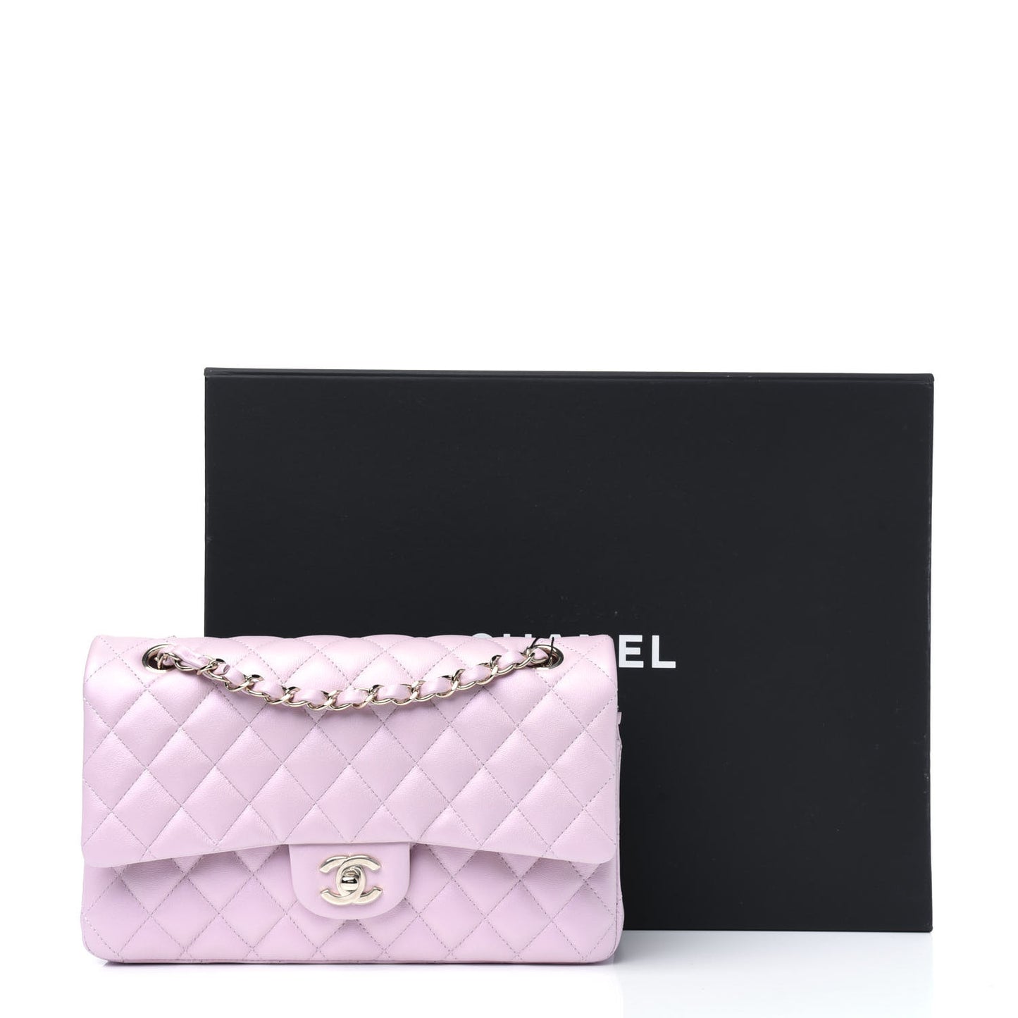 Iridescent Calfskin Quilted Medium Double Flap Light Pink