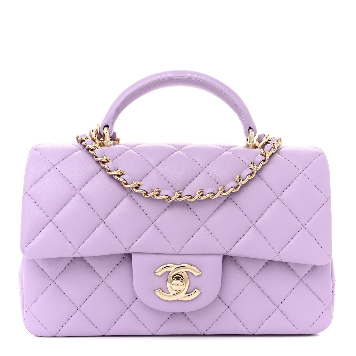 Lambskin Quilted Mini Top Handle Rectangular Flap Light Purple