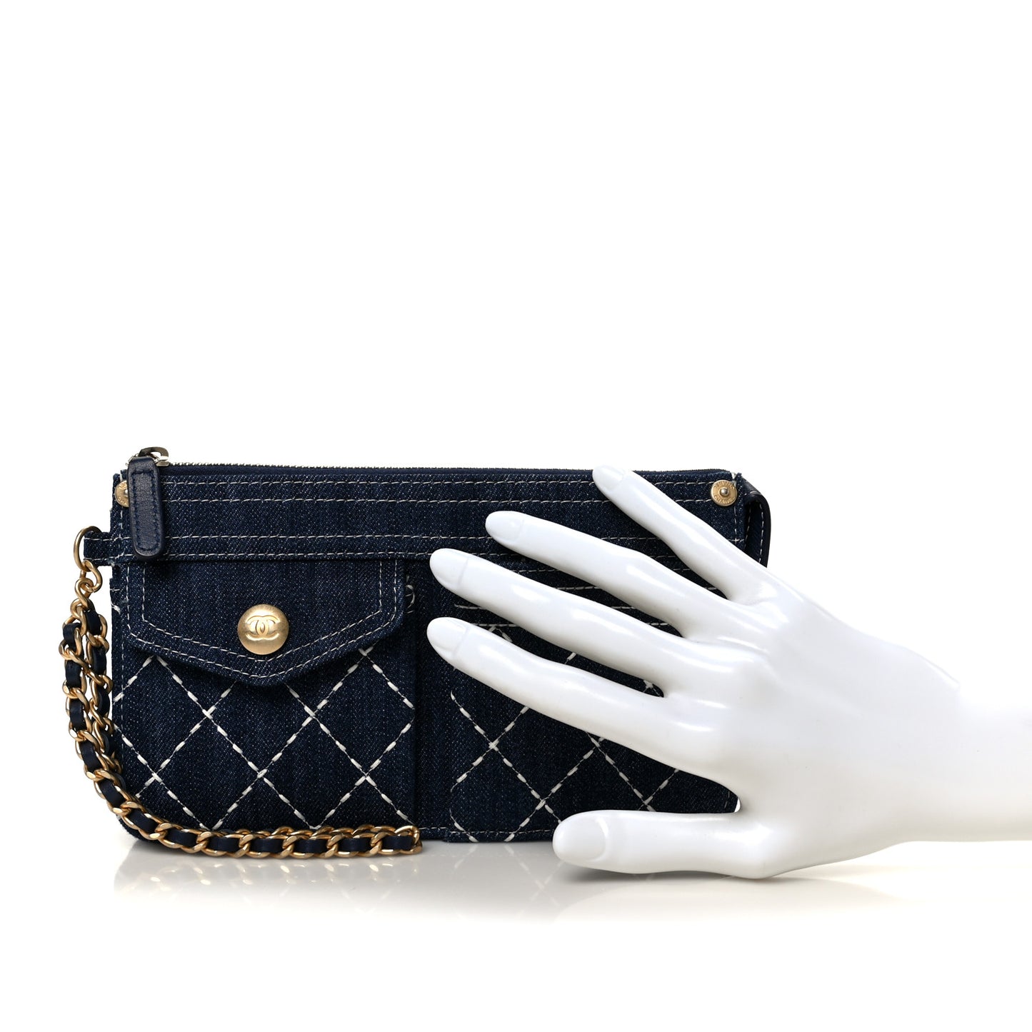 Denim Quilted Zipped Wristlet Clutch Blue
