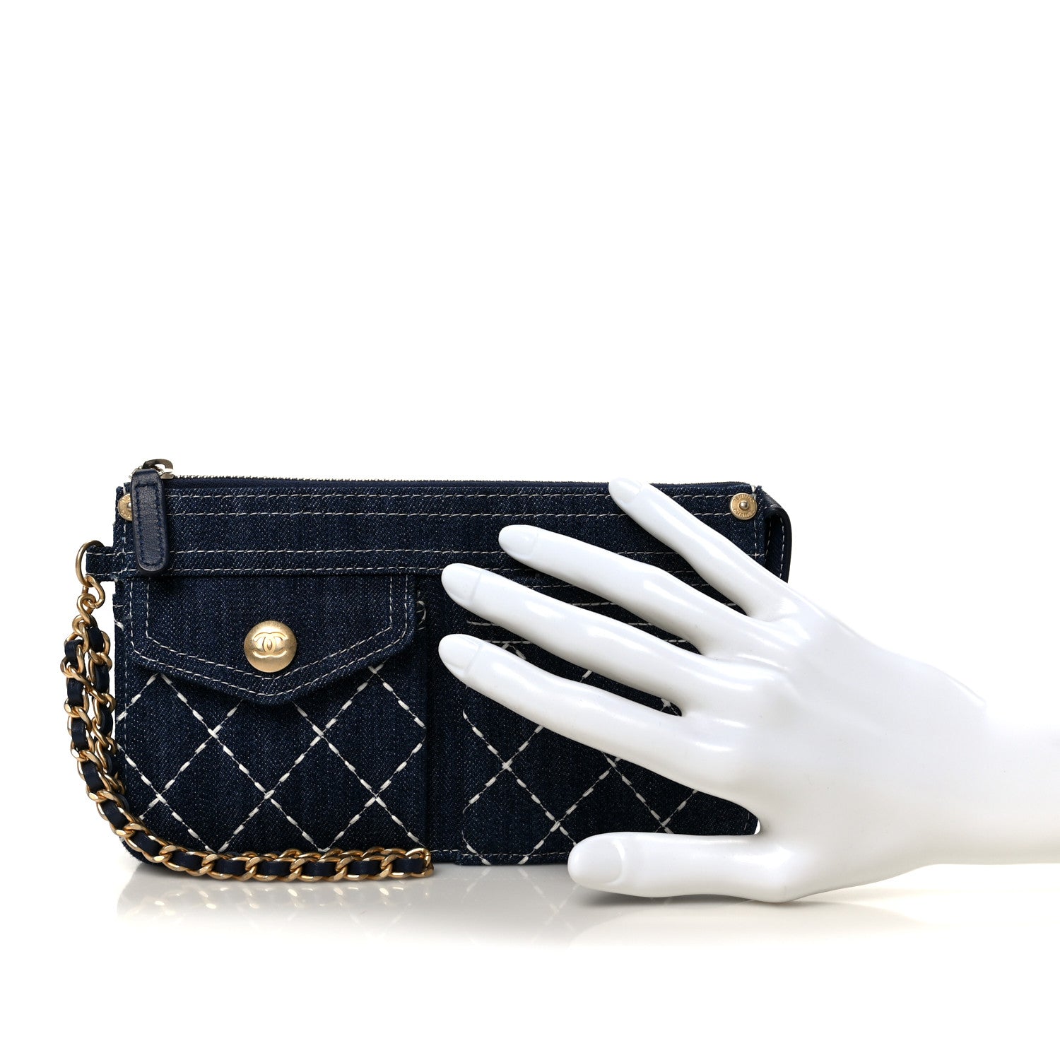 Chanel Denim Quilted Zipped Wristlet Clutch Blue 2 of 10