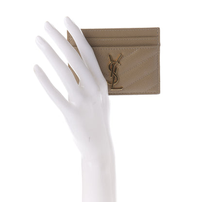 Saint Laurent Grain De Poudre Matelasse Chevron Monogram Credit Card Case Dark Latte 2 of 8