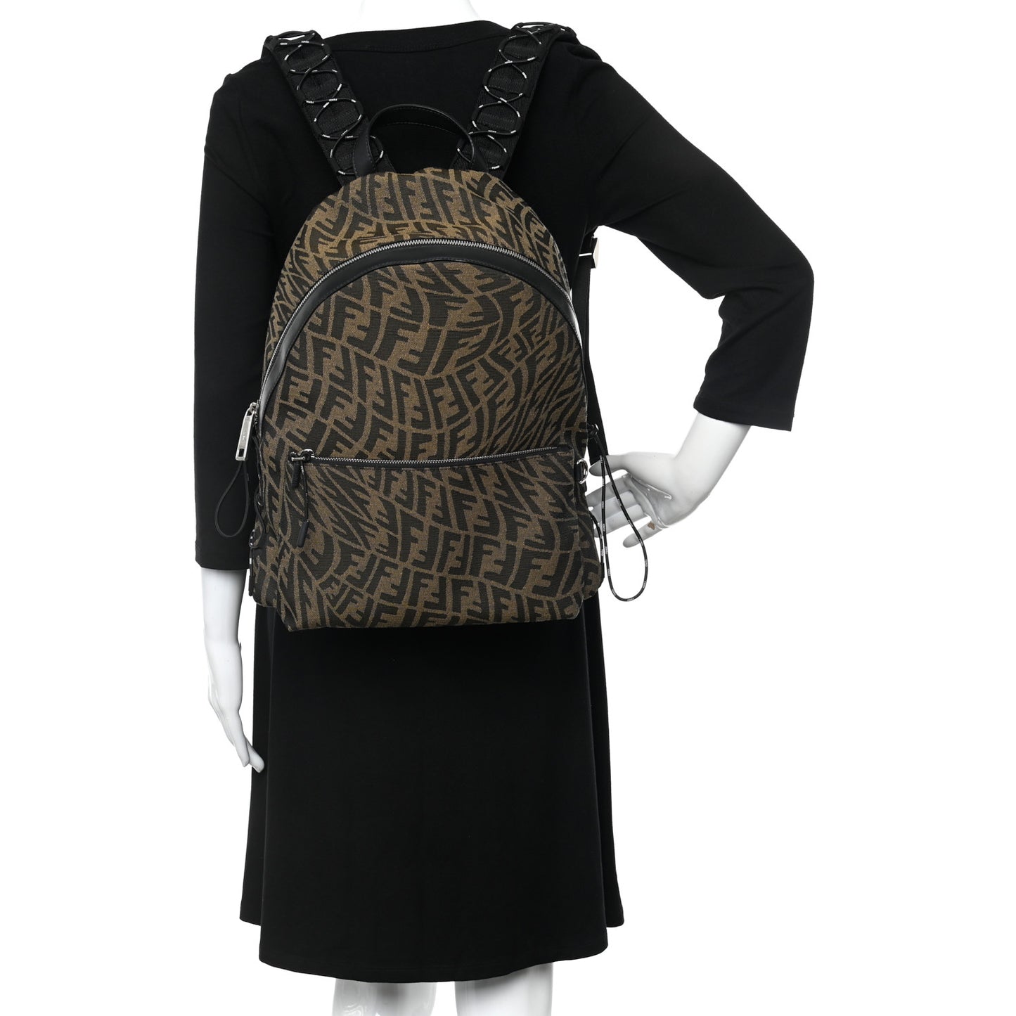 X SARAH COLEMAN Fabric Jacquard Vitello Grace Light Woven Lanyard FF Vertigo Pouch Pocket Backpack Tobacco Moro Black