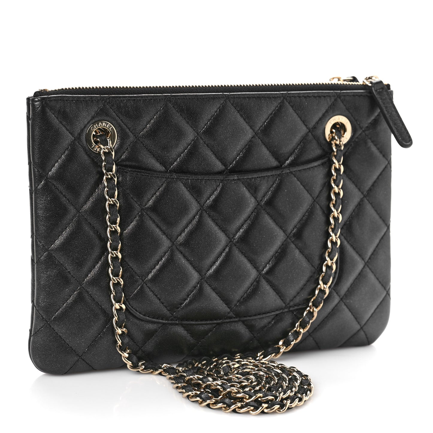 Shiny Lambskin Quilted Medium Double Case With Strap Black