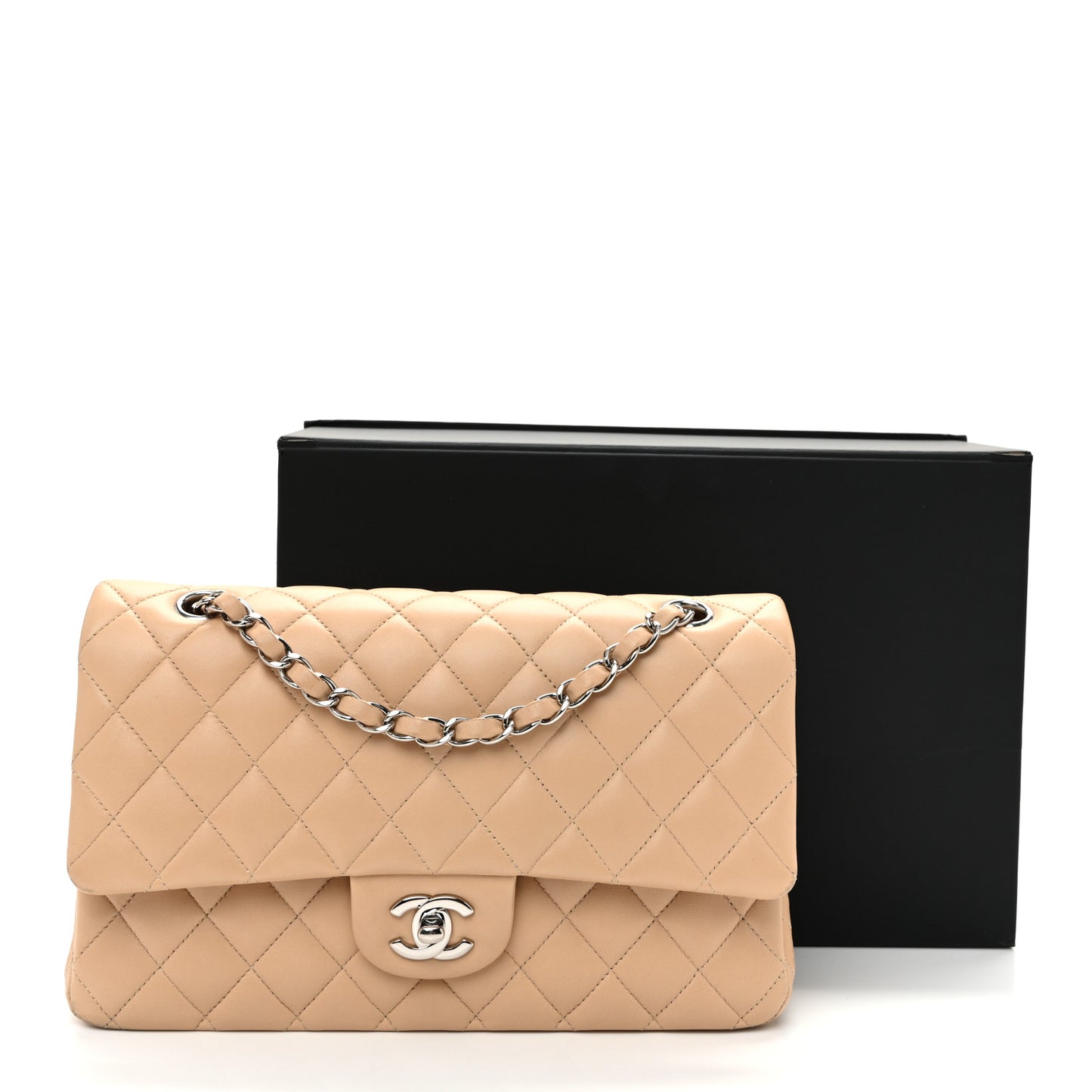 Lambskin Quilted Medium Double Flap Beige