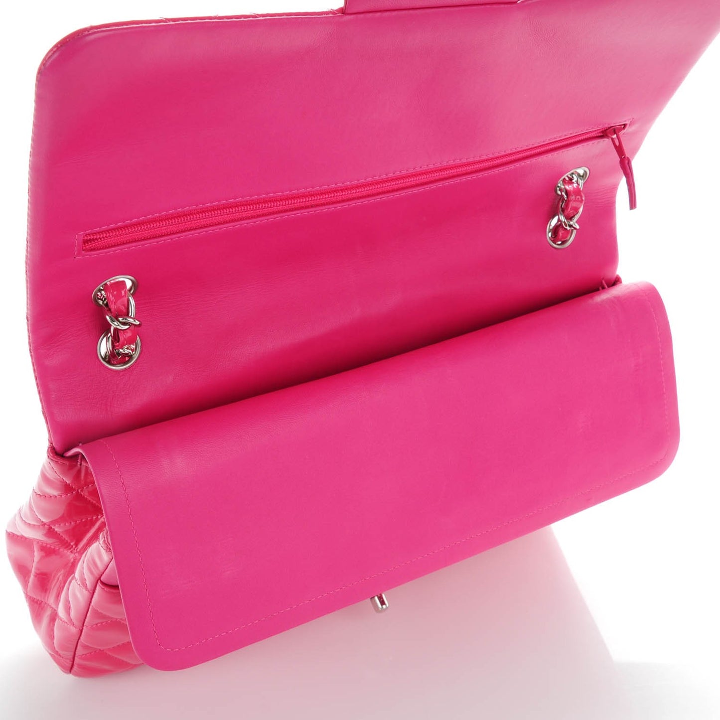 Patent Calfskin Quilted Jumbo Double Flap Fuchsia