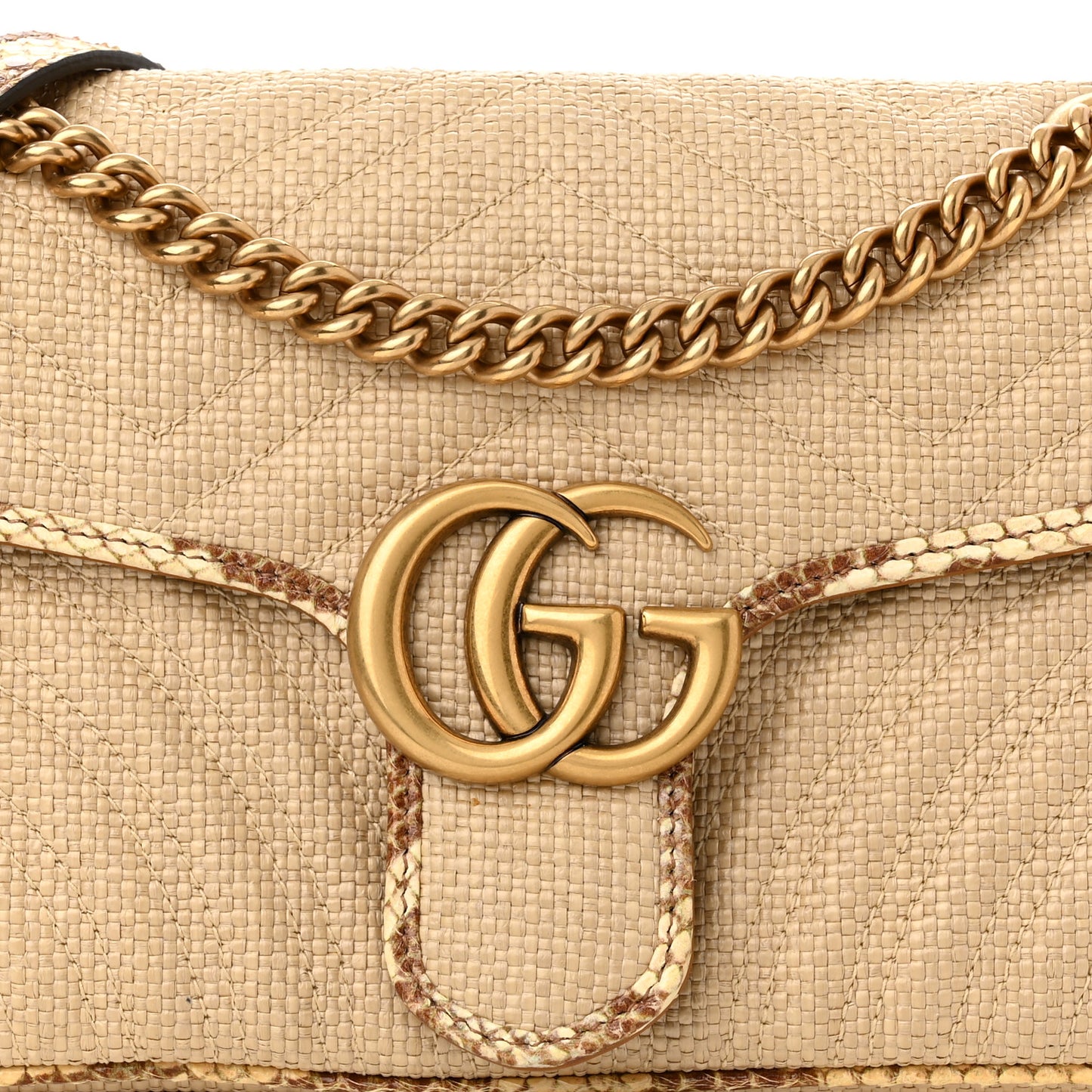 Raffia Elaphe Matelasse Small GG Marmont Shoulder Bag Natural Cream Brown
