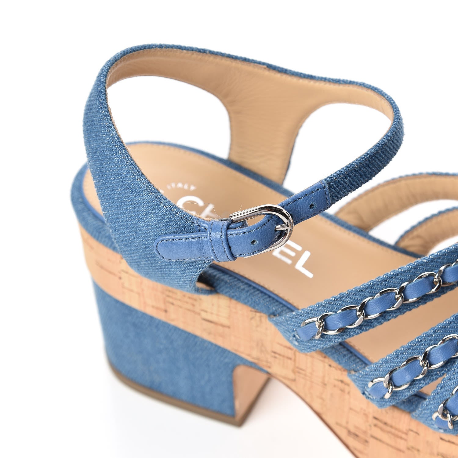 Chanel Denim Cork Chain Wedge Sandals 37 Blue 12 of 13