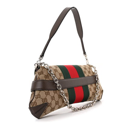 Gucci Monogram Textured Dollar Calfskin Heavy Grosgrain Web Medium Maxi Horsebit Chain Shoulder Bag Beige Ebony New Acero 3 of 10