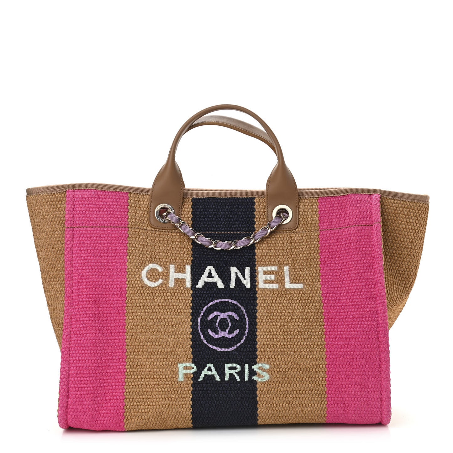 Straw Raffia Calfskin Striped Large Deauville Tote Dark Beige Fuchsia Navy Blue