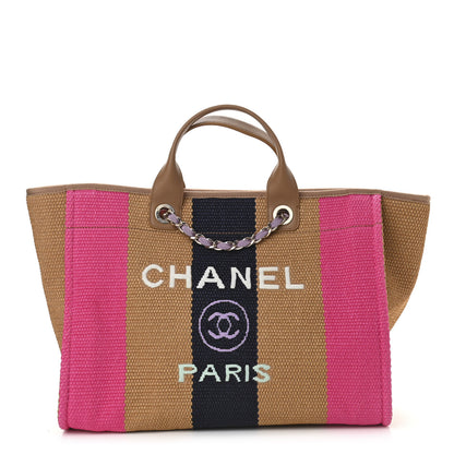 Chanel Straw Raffia Calfskin Striped Large Deauville Tote Dark Beige Fuchsia Navy Blue 1 of 9
