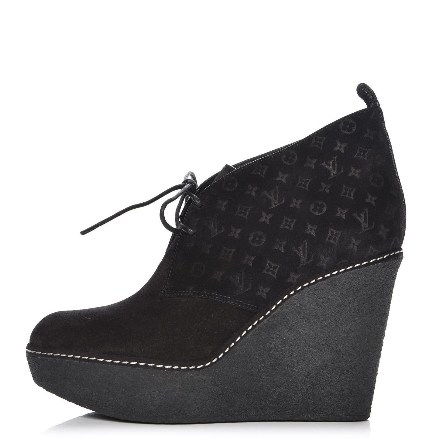 Suede Embossed Monogram Frosty Wedge Low Boots 38 Black