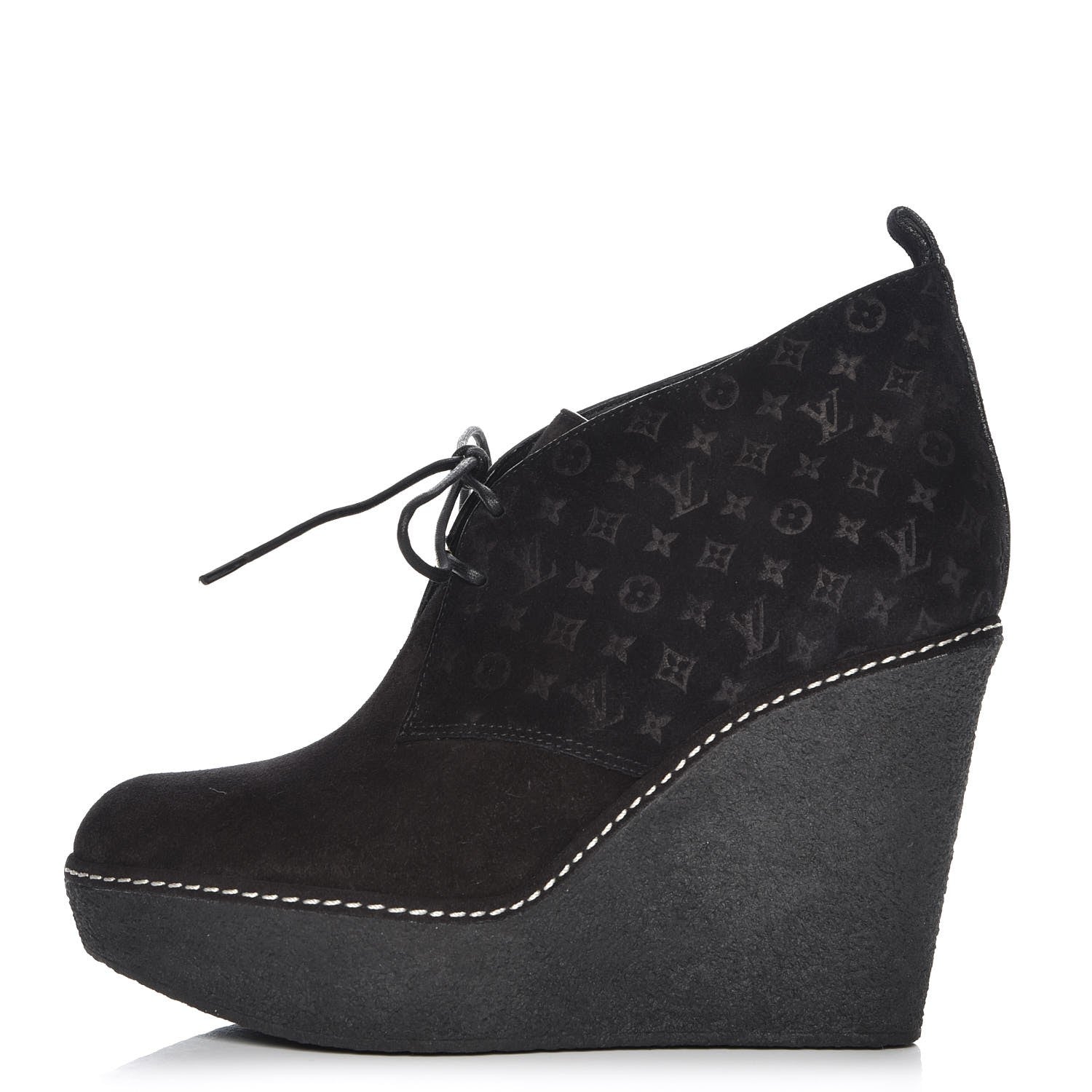 Louis Vuitton Suede Embossed Monogram Frosty Wedge Low Boots 38 Black 1 of 9