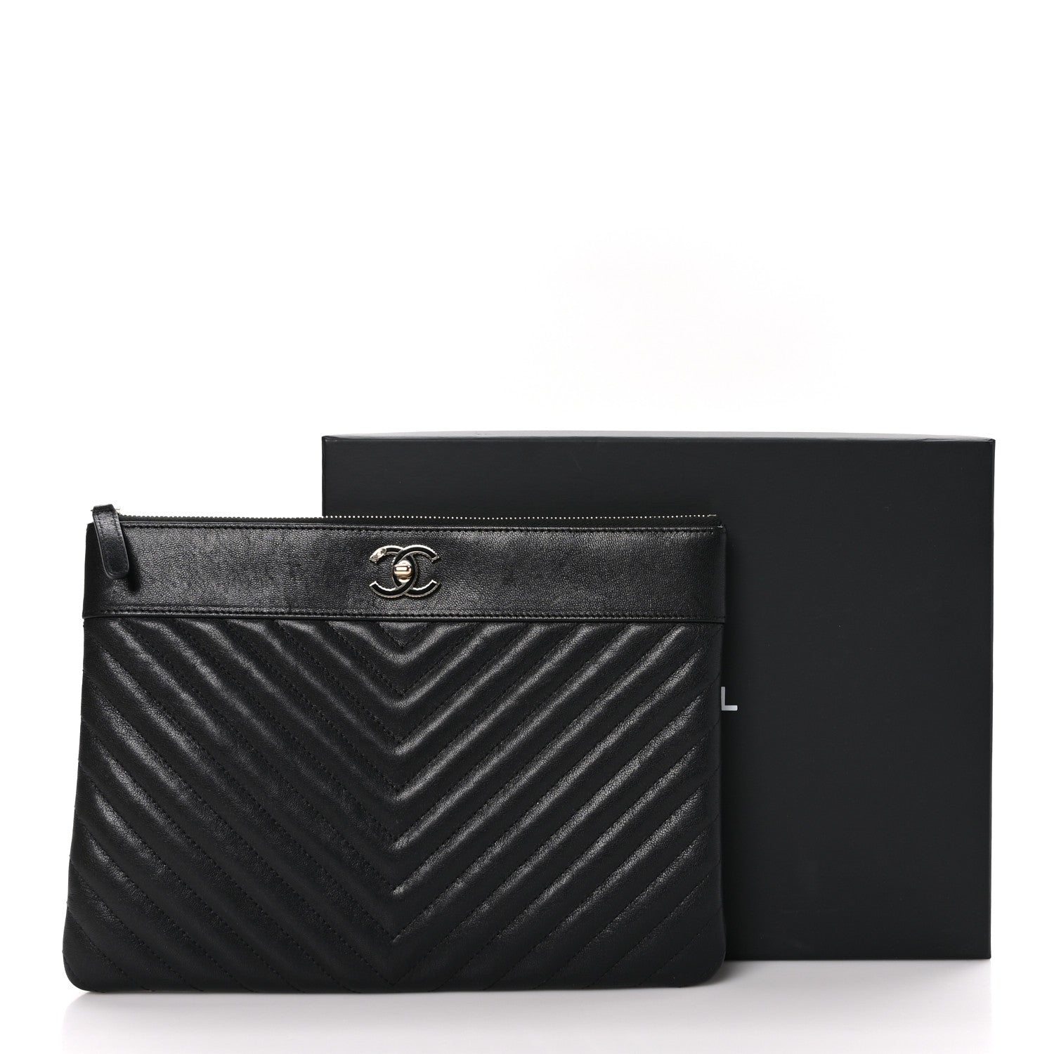 Chanel Sheepskin Chevron Quilted Large Vintage Mademoiselle Cosmetic Case Anthracite 9 of 9