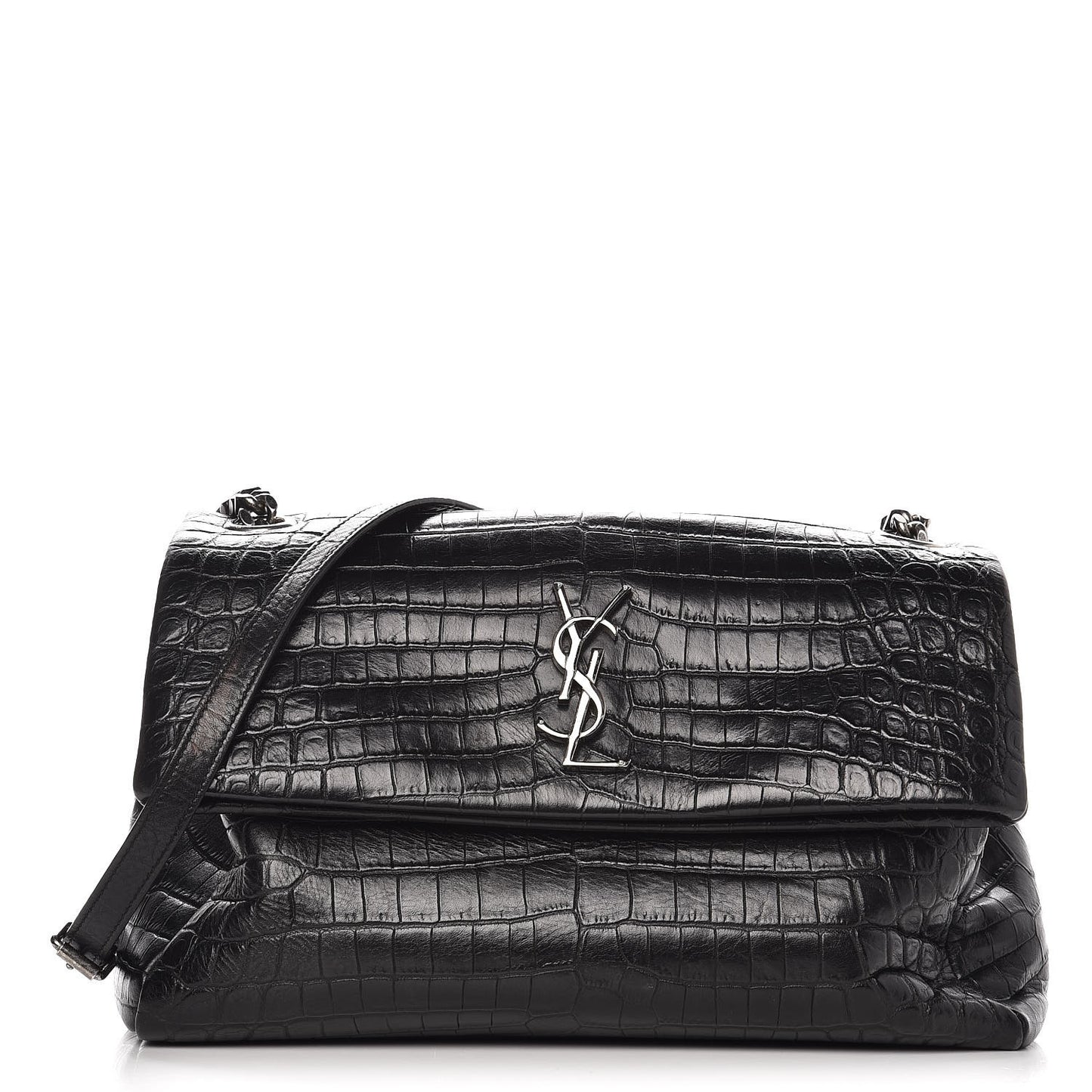 Calfskin Crocodile Embossed Medium West Hollywood Monogram Fold-Over Black