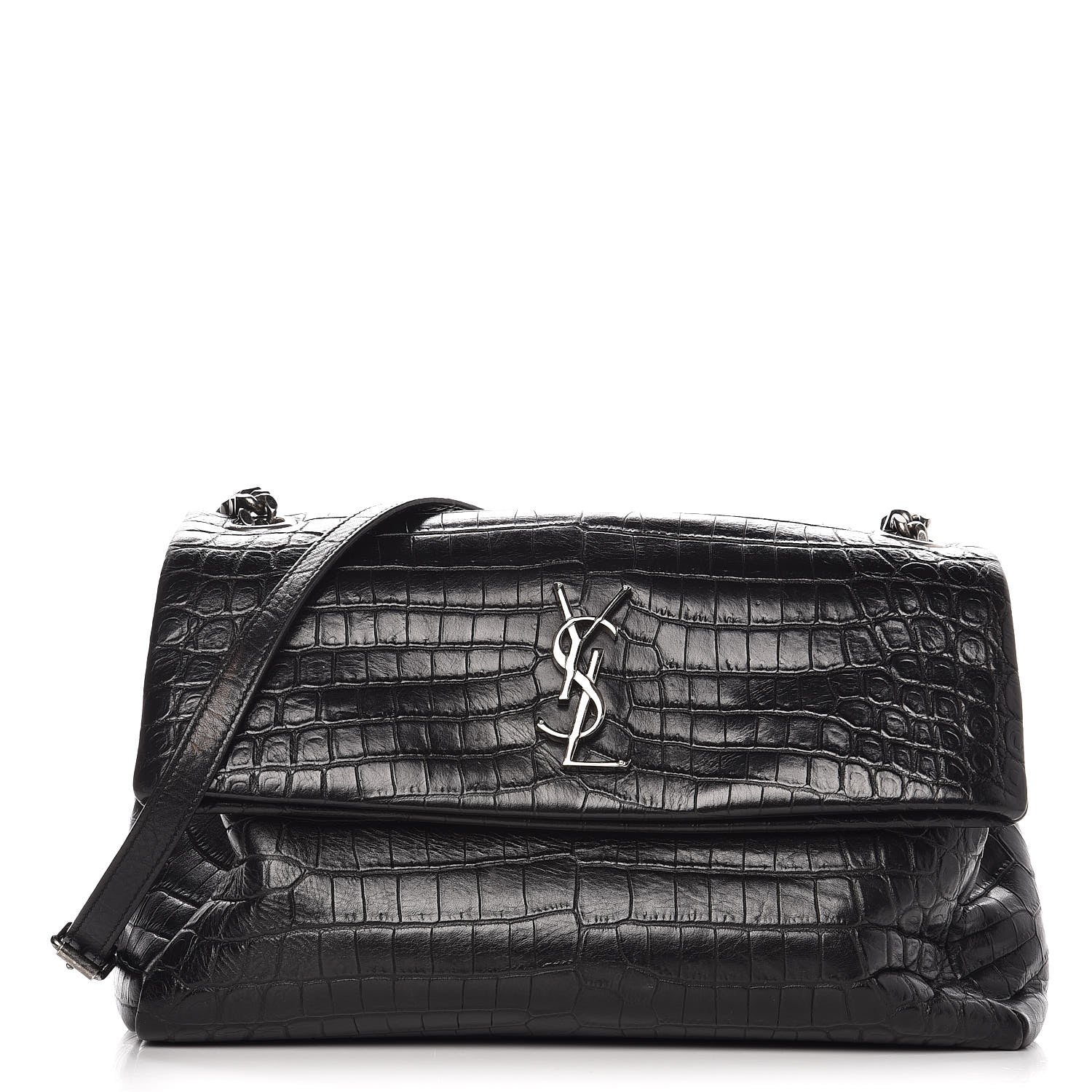 Saint Laurent Calfskin Crocodile Embossed Medium West Hollywood Monogram Fold-Over Black 1 of 8