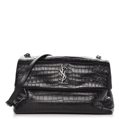 Saint Laurent Calfskin Crocodile Embossed Medium West Hollywood Monogram Fold-Over Black 1 of 8
