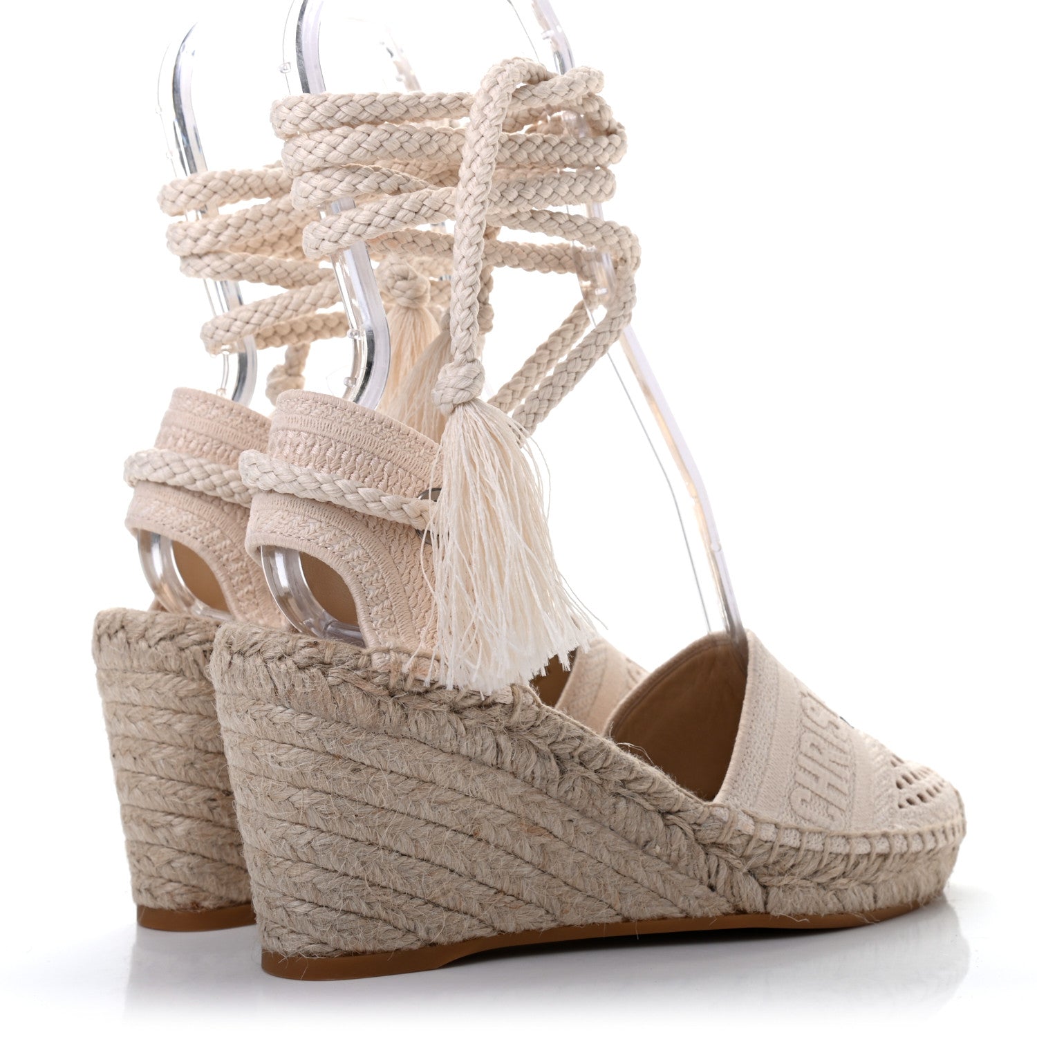 Christian Dior Canvas Embroidered Granville Ankle Tie Espadrille Wedges 35 Cream 4 of 8