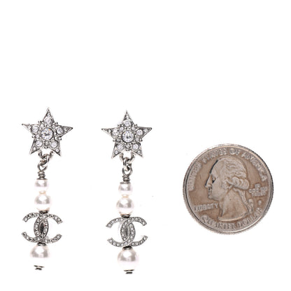 Chanel Crystal Pearl CC Star Drop Earrings Silver 2 of 5