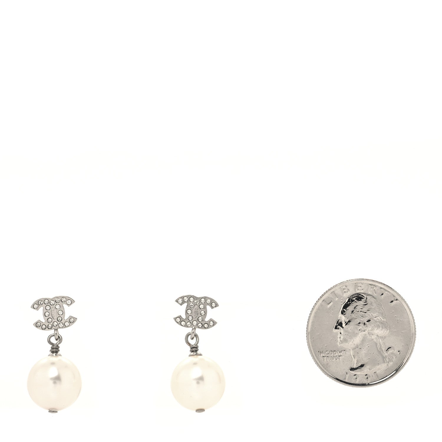 Chanel Crystal Pearl CC Drop Earrings Silver Pearly White 2 of 4