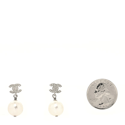 Chanel Crystal Pearl CC Drop Earrings Silver Pearly White 2 of 4